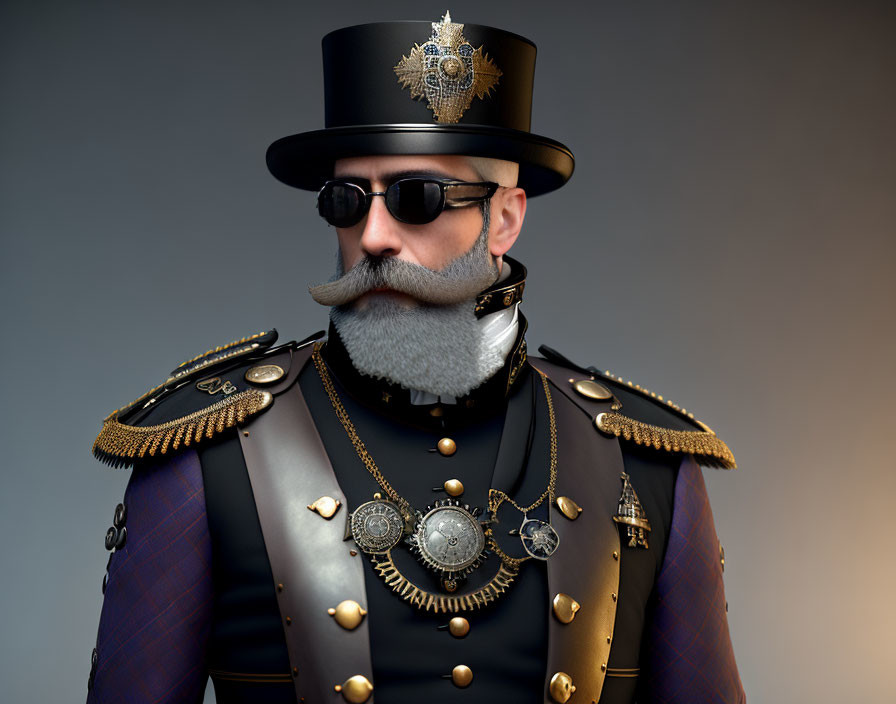 Stylish man with beard, top hat, sunglasses, and military jacket