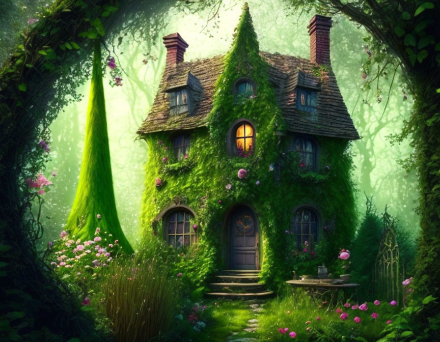 Ivy-covered cottage in enchanted forest with glowing windows