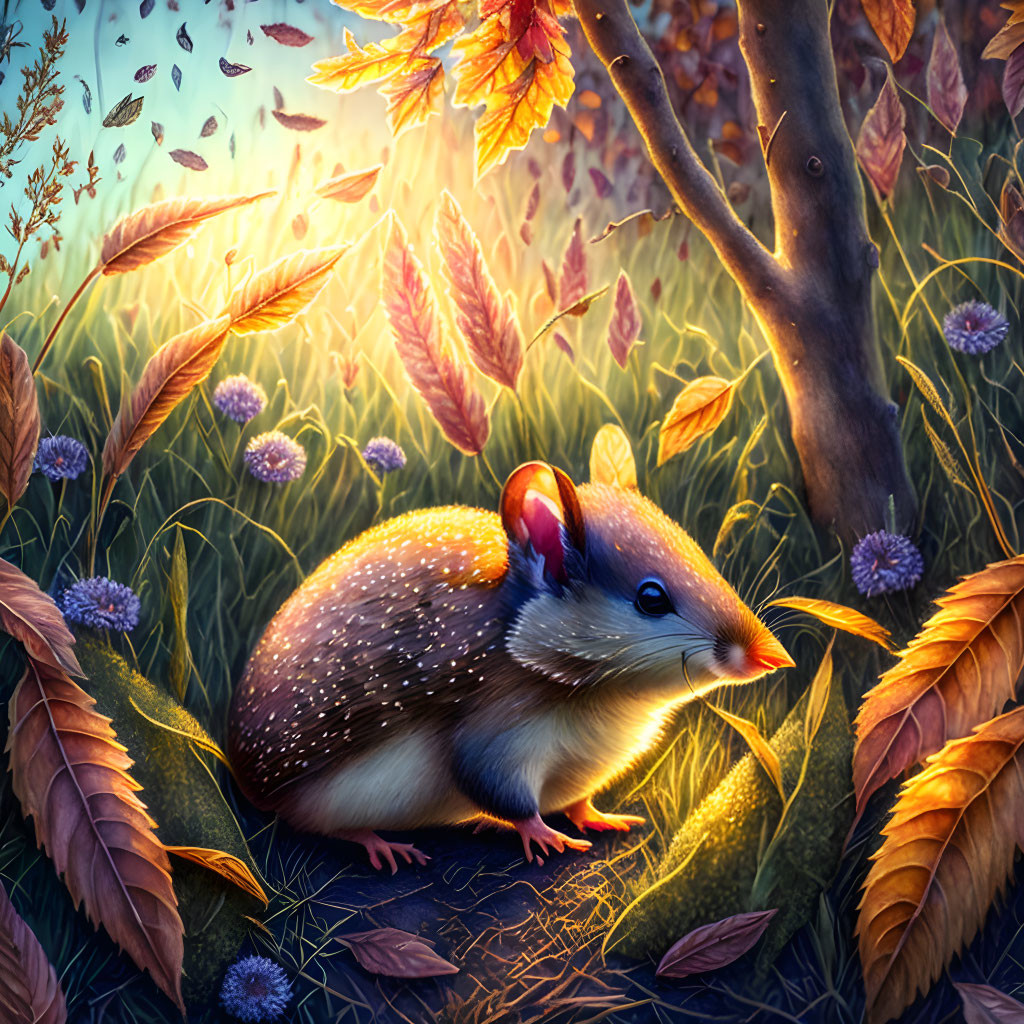 Glowing possum in twilight forest with autumn leaves & purple flowers