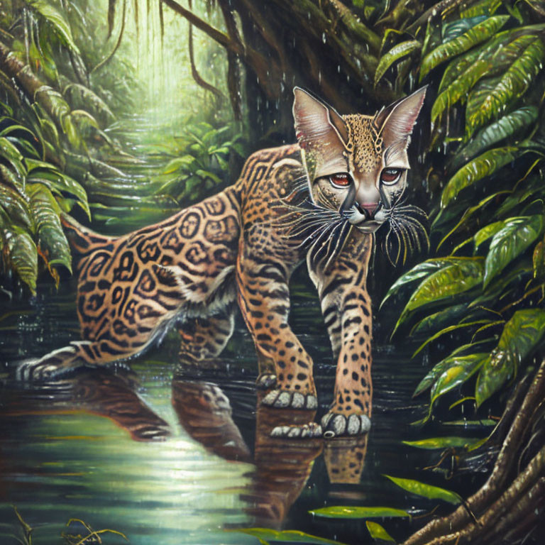 Majestic ocelot in lush forest with spotted coat blending in.