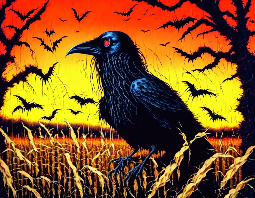 Stylized black raven in wheat field with fiery orange backdrop and flying bats.