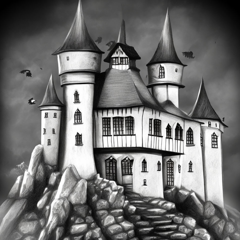 Monochromatic sketch of grand castle with spires on rocky outcrop, bats flying under cloudy sky