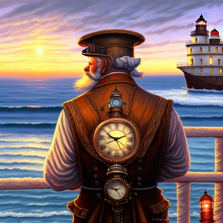 Bearded sailor in steampunk outfit gazes at sea with embedded compass, sunset backdrop.