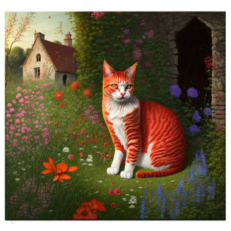 Orange Tabby Cat in Colorful Garden with Flowers and Cottage