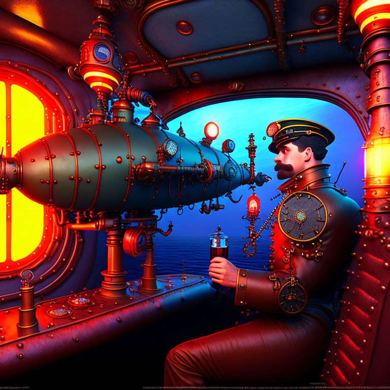 Steampunk-themed illustration: Person in uniform in submarine with glowing lights