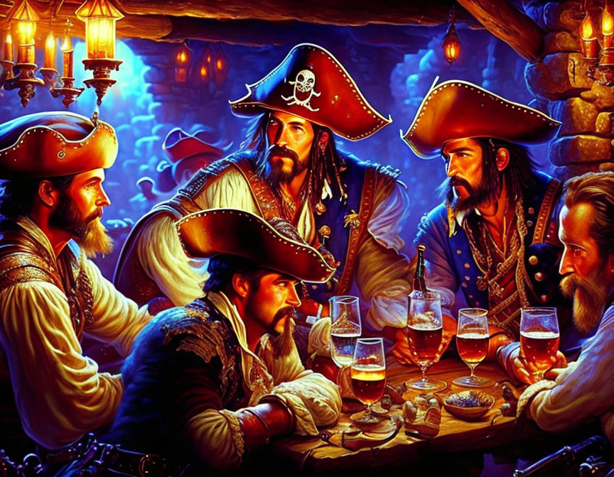 Stylized pirates in dimly lit tavern conversing over drinks