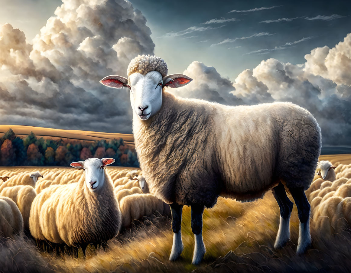 Three sheep in a field under stormy skies with autumn trees