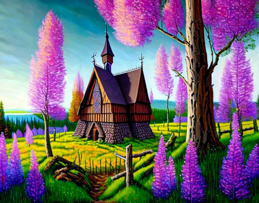 Colorful painting of wooden church in purple landscape.