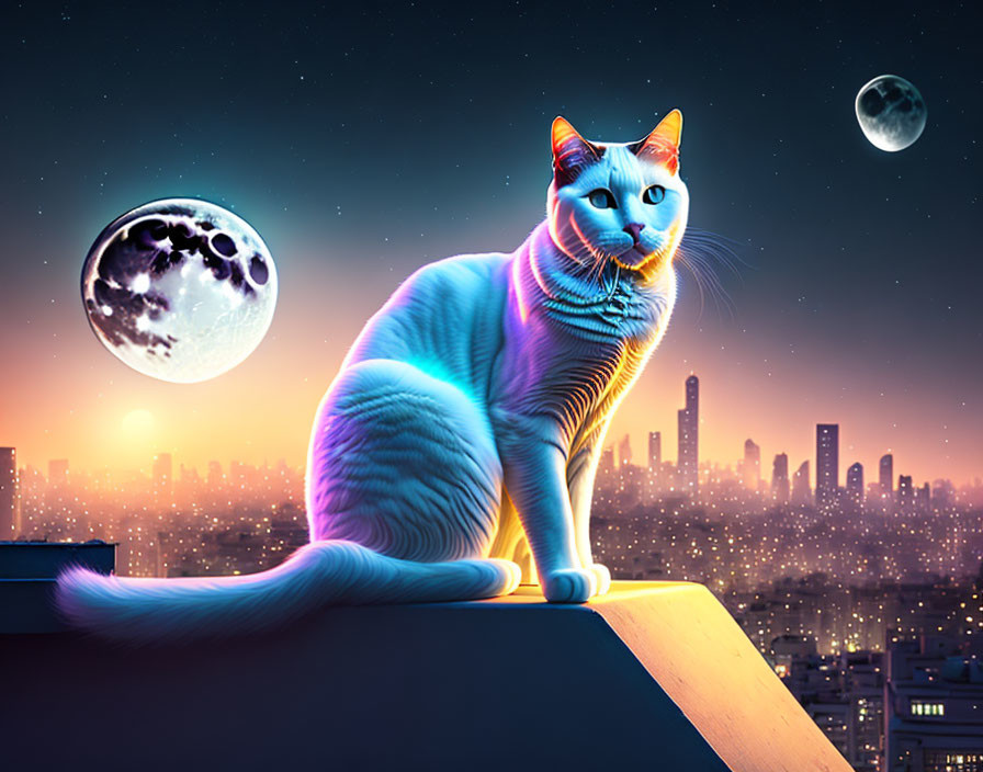 Giant blue cat on building with glowing aura in surreal night cityscape