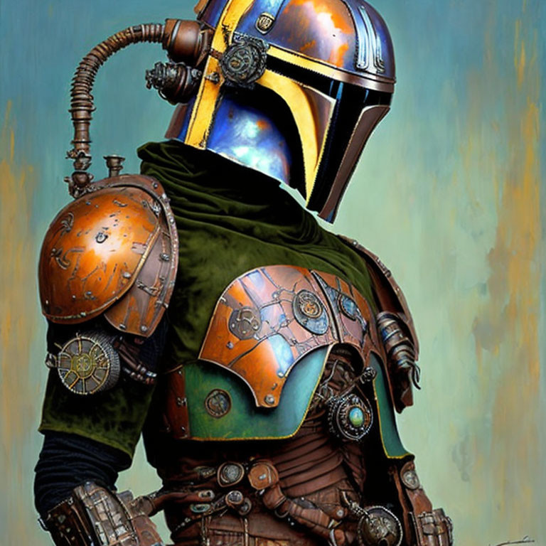 Futuristic character in blue and orange helmet with green cape and metal plating on hazy background