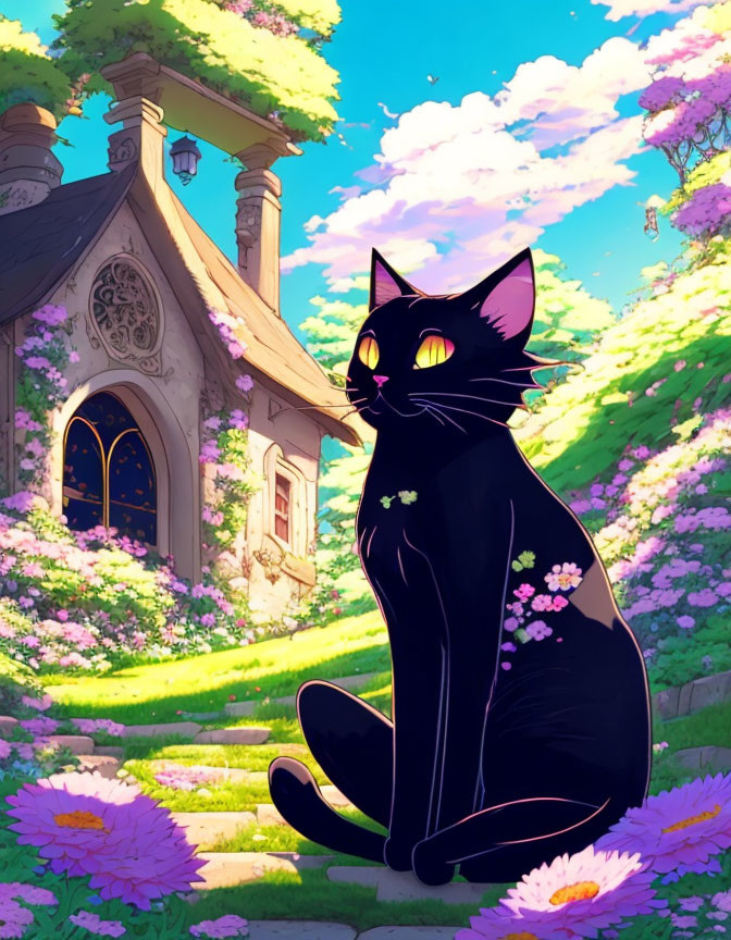 Black cat with flowers in garden setting