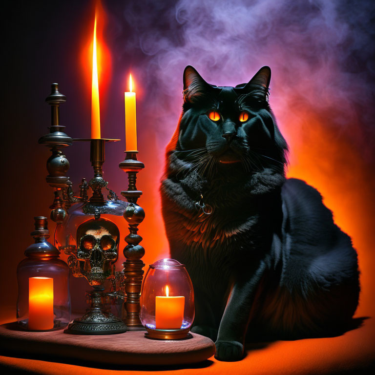 Black Cat with Glowing Eyes Surrounded by Candles, Skull, and Red Lighting