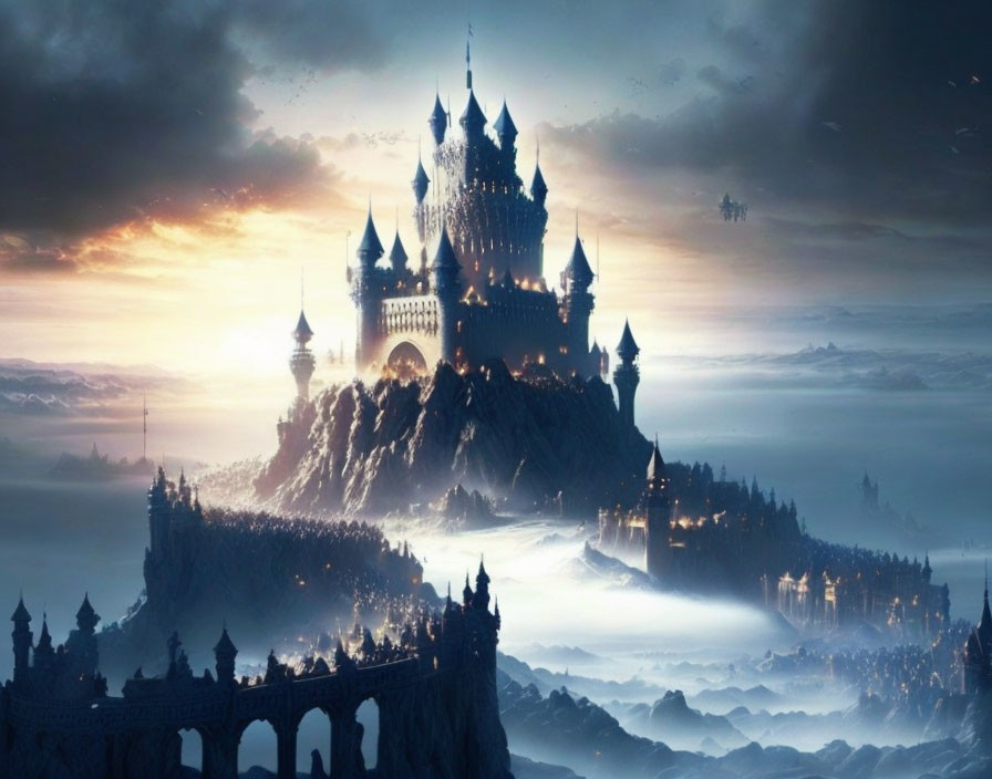 Ethereal castle on misty mountain with fantasy landscape