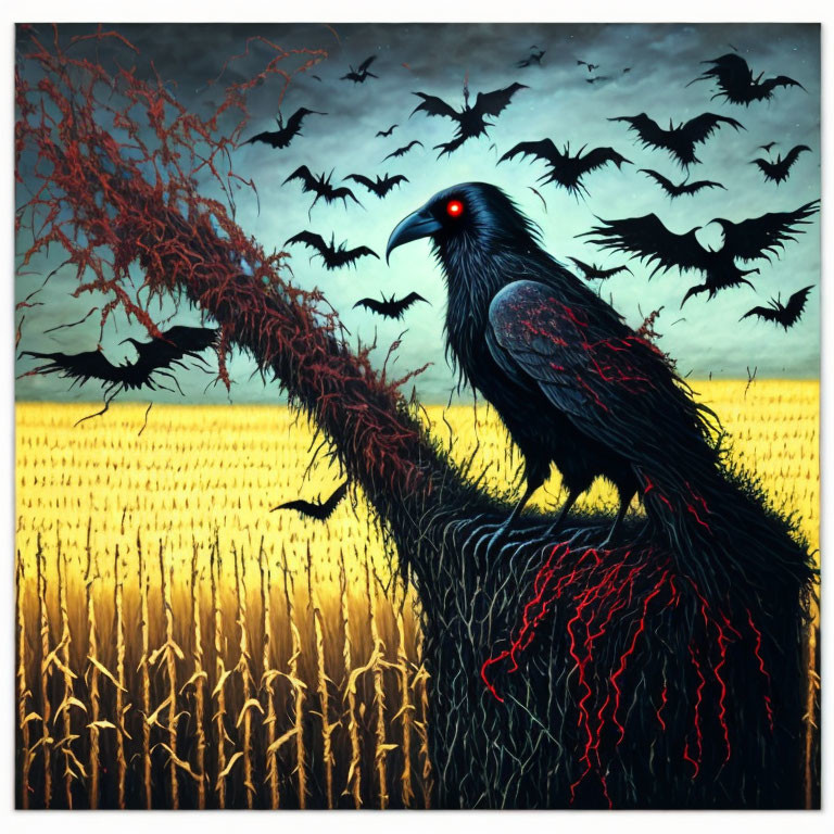 Detailed artwork: Black raven with red eyes on tree in wheat field under stormy sky