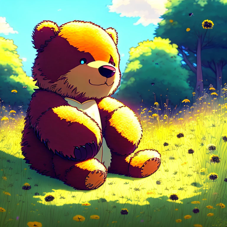 Smiling teddy bear illustration in sunny meadow with dandelions