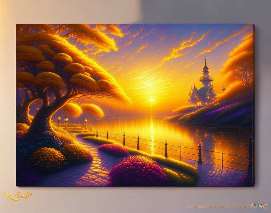 Colorful sunset painting: lake, flowers, castle