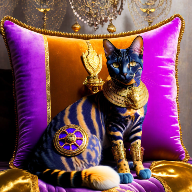 Majestic Cat with Striking Patterns on Luxurious Purple Pillow