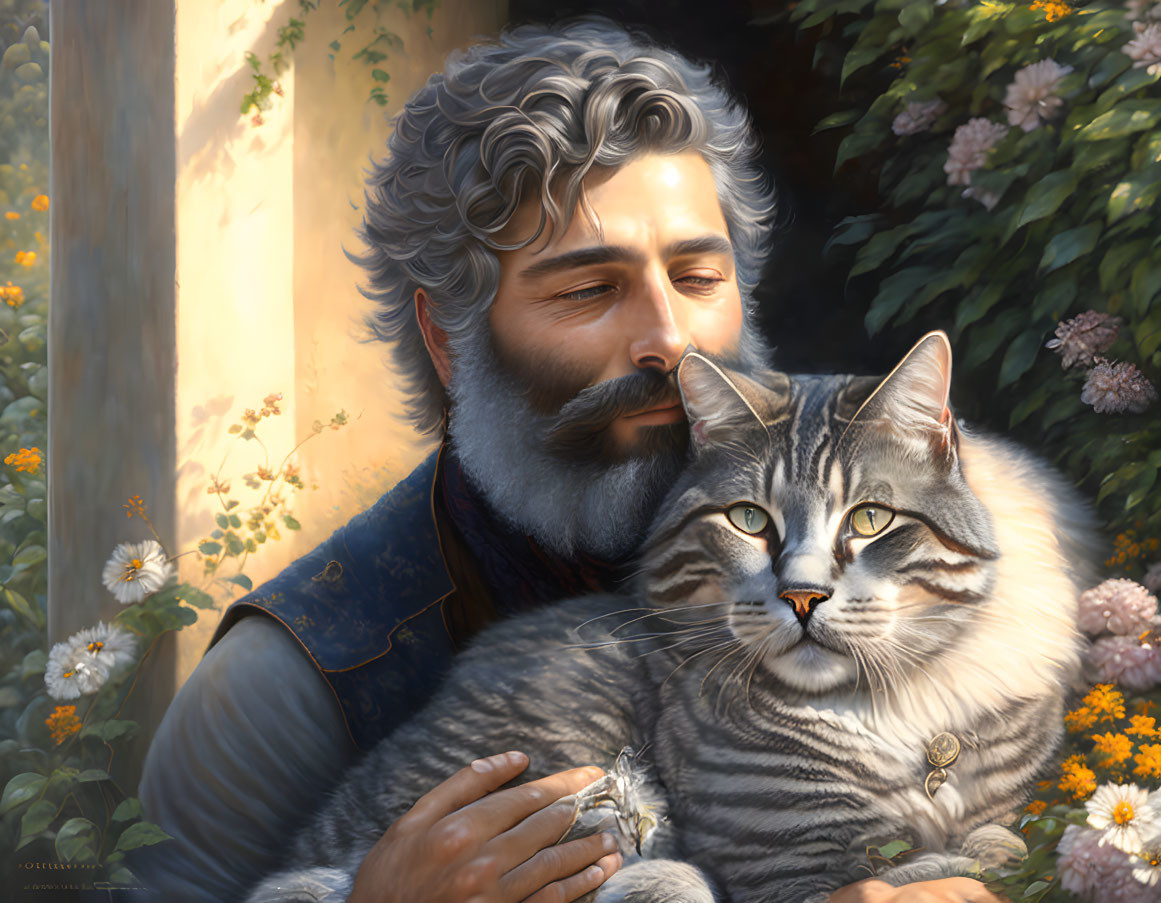 Serene man with wavy hair embracing tabby cat in blooming flowers