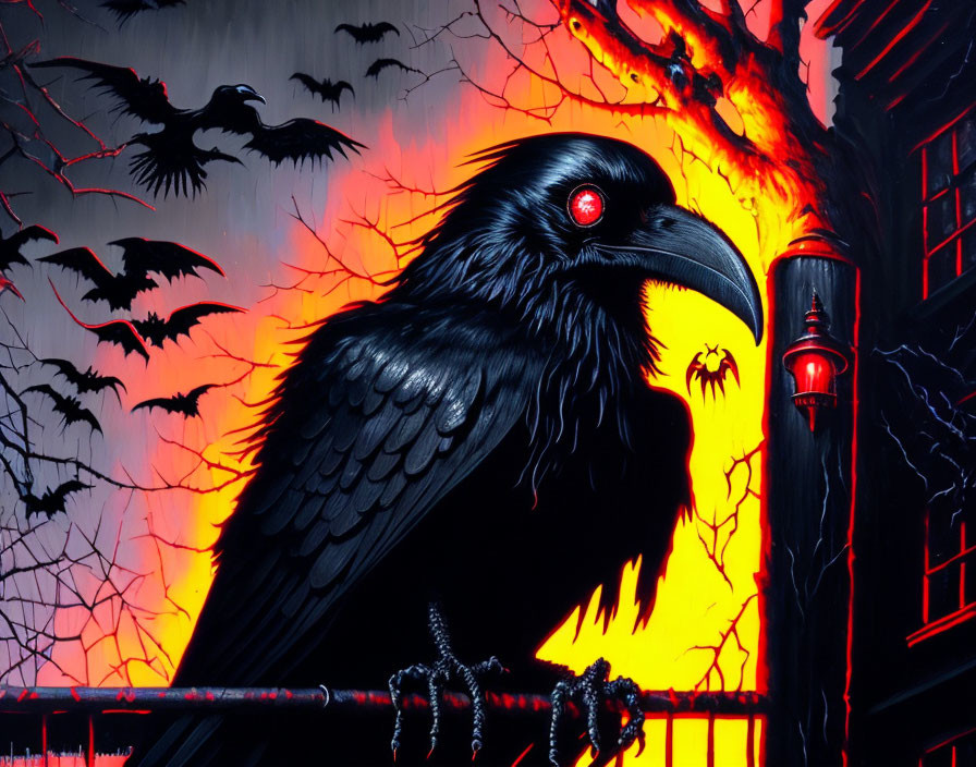 Gothic illustration: Black raven, red eye, bats, fiery background, silhouette house