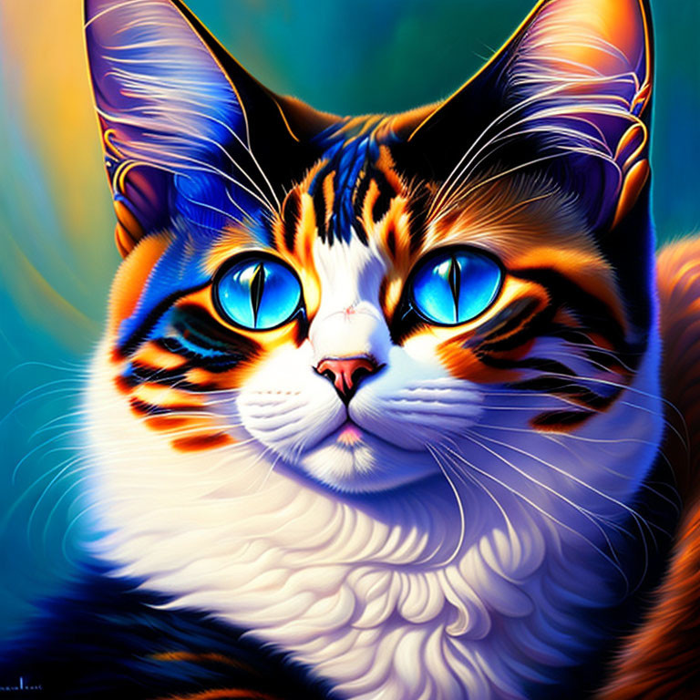 Colorful Digital Artwork of Cat with Blue Eyes & Striped Fur