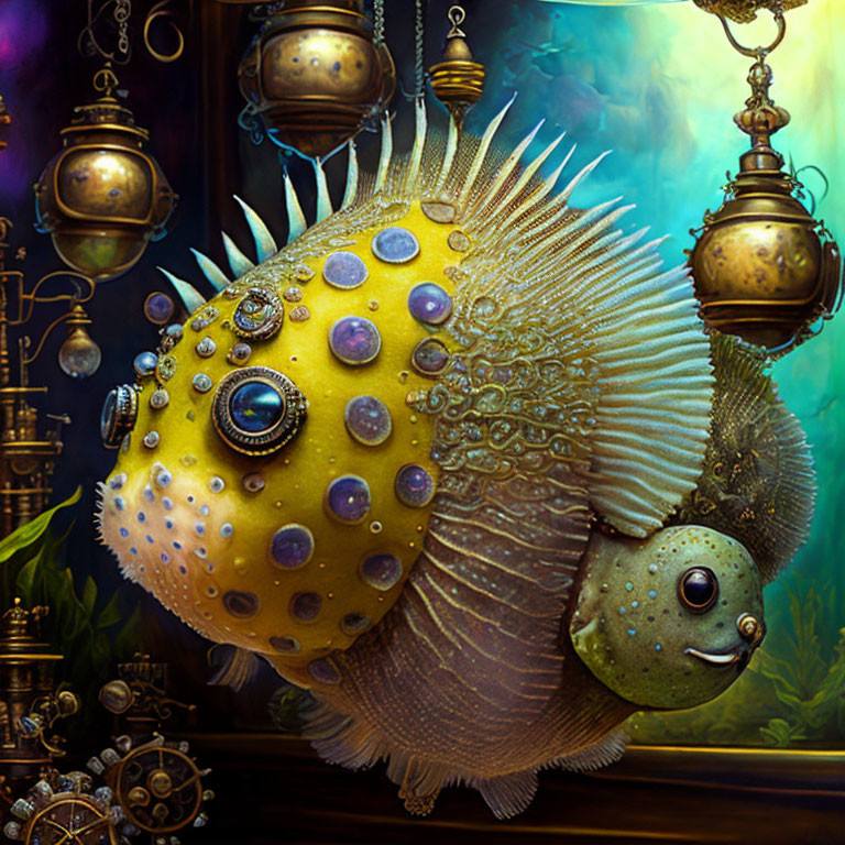 Steampunk-style fish illustration with mechanical elements and hanging lanterns in underwater setting