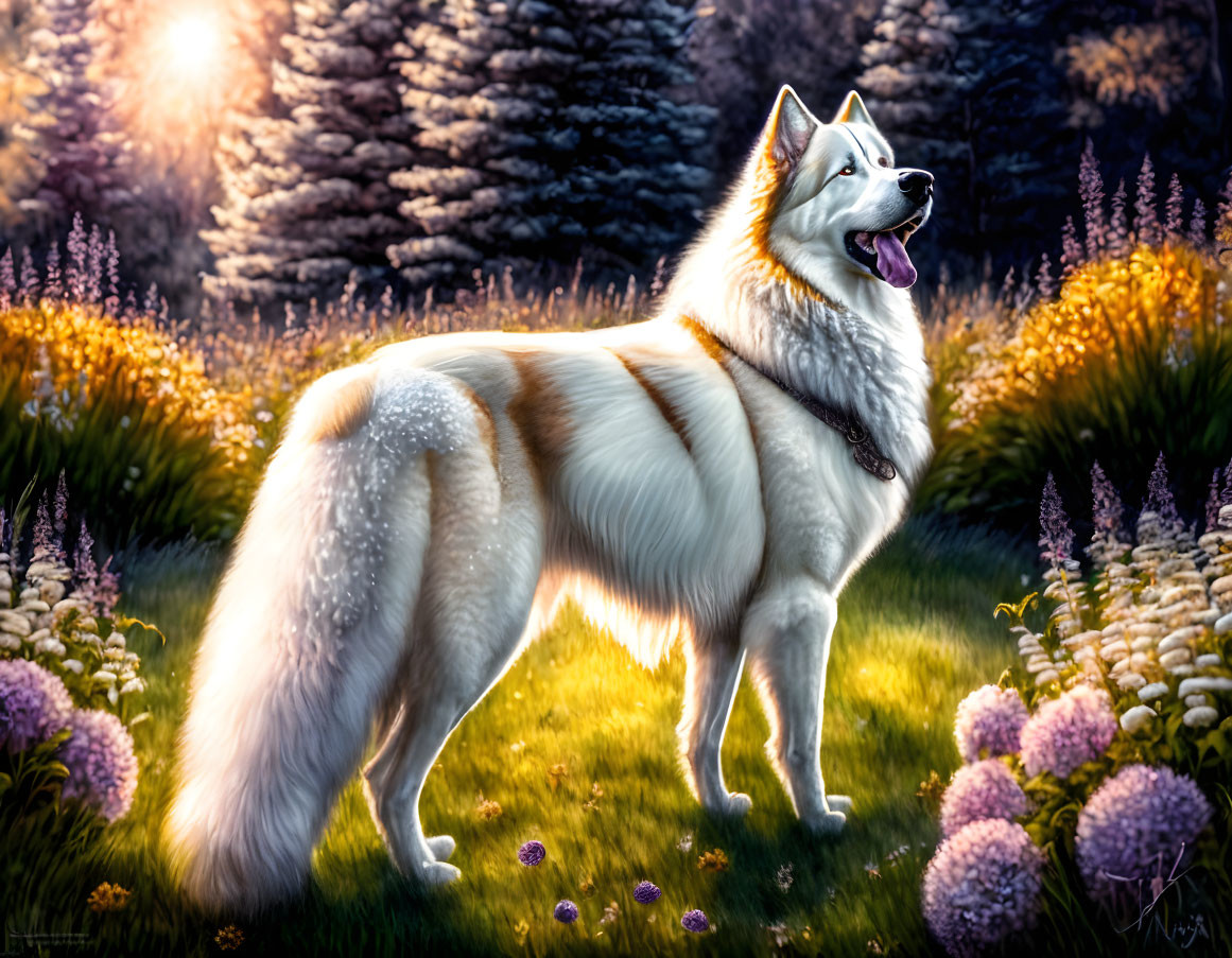 White and brown Siberian Husky in blooming meadow under soft sunlight