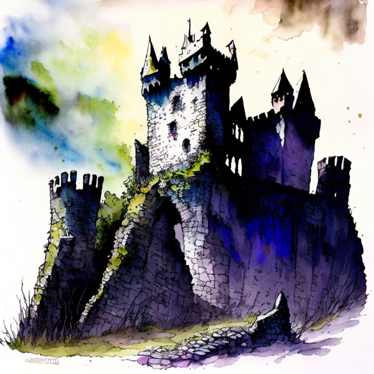 Medieval castle watercolor painting with vivid purple hues and abstract sky