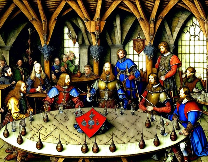 Medieval-themed illustration of knights and noblemen in grand hall around round table