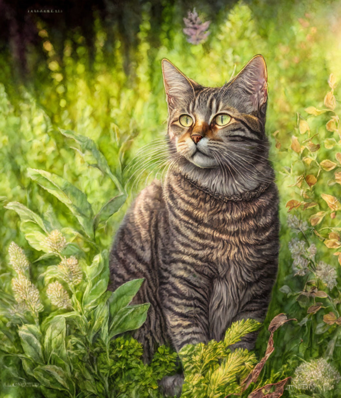 Striped Cat Among Lush Green Plants Gazes Upwards