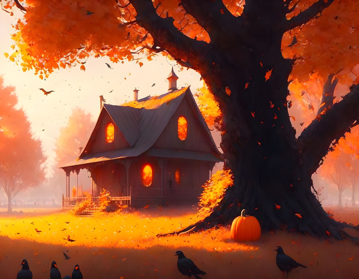 Autumn landscape with tree, leaves, house, pumpkins, crows under sunset