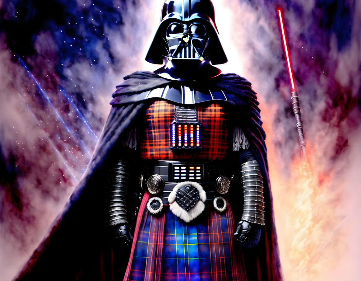 Person in Darth Vader costume with tartan kilt and lightsaber against cosmic backdrop