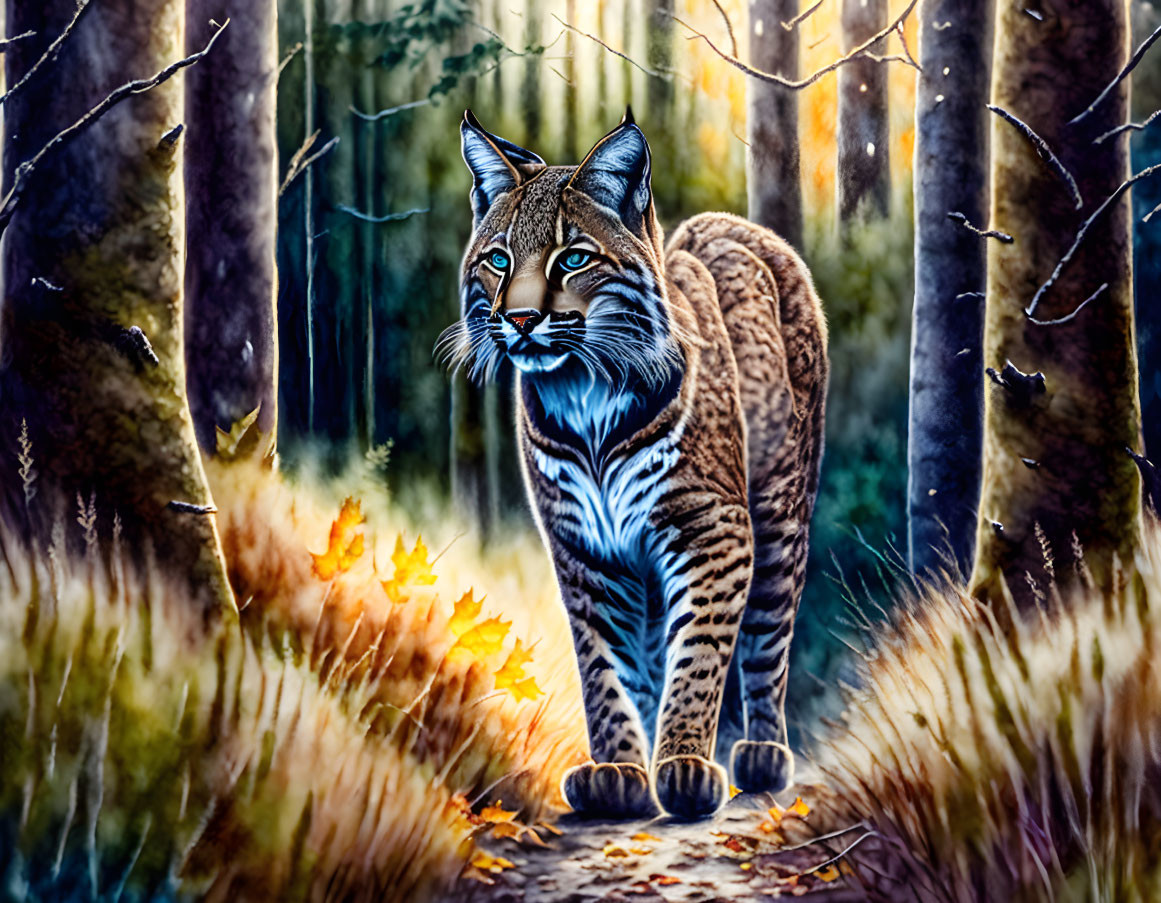 Majestic wild cat with striking fur patterns in vibrant forest at sunset