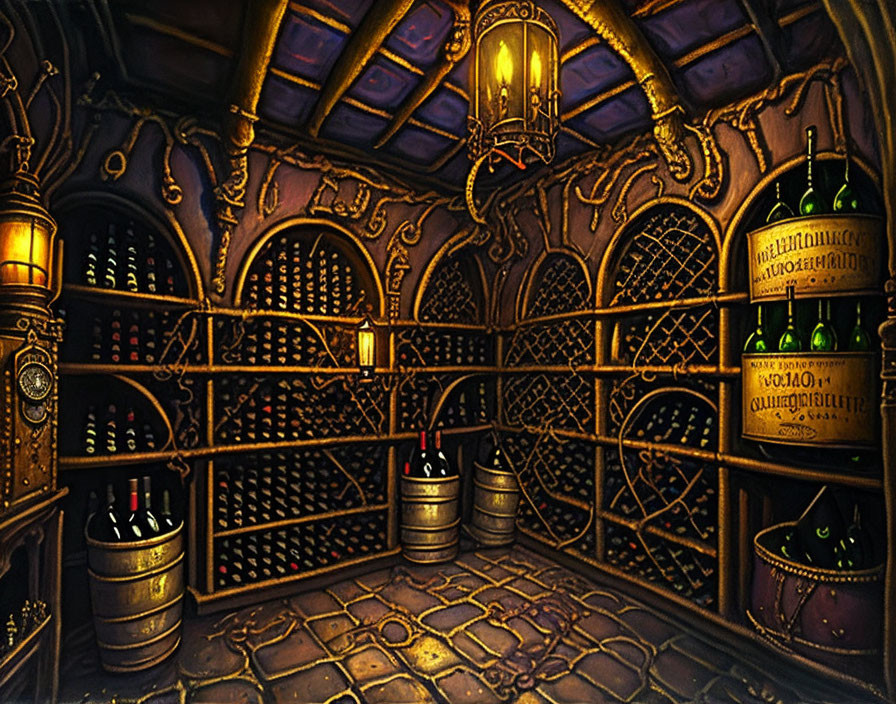 Detailed depiction of an ornate wine cellar with iron gates, shelves of bottles, barrels, a glowing