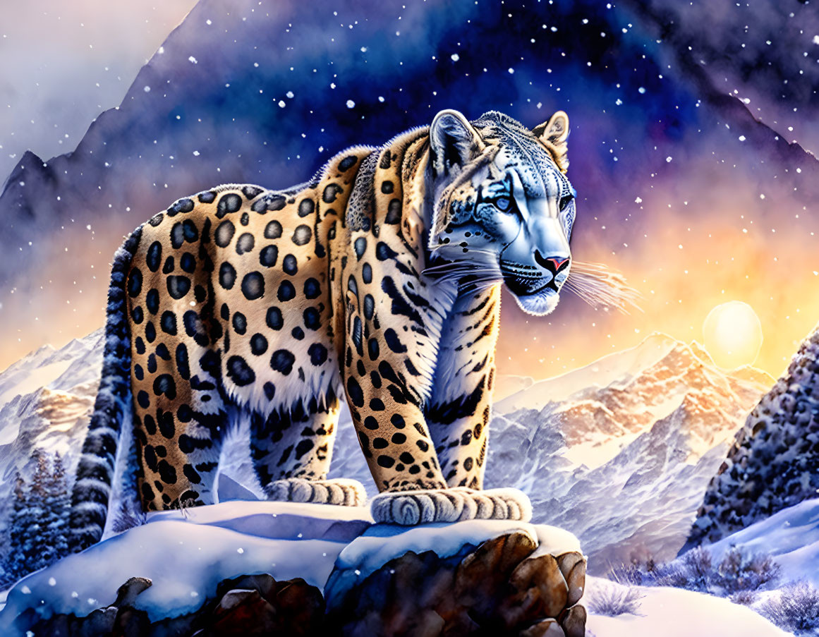 Snow leopard on snowy outcrop under starlit sky and rising moon