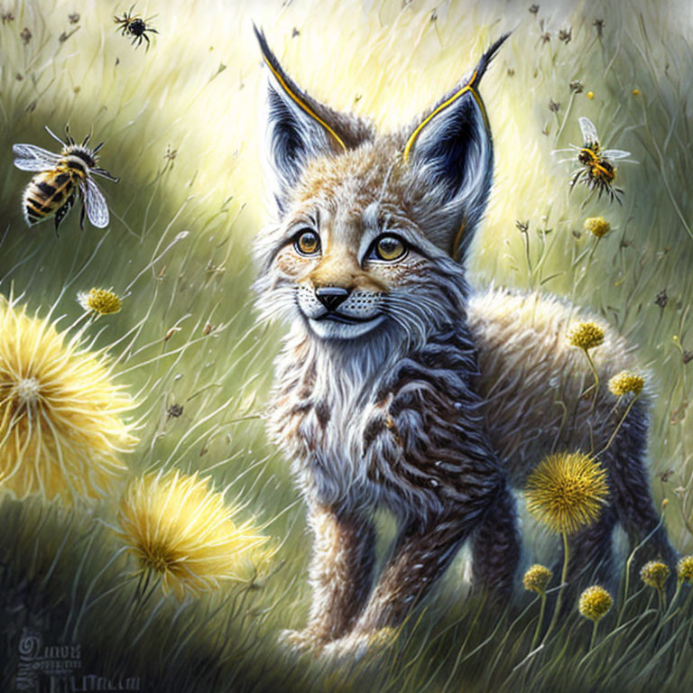 Whimsical painting of young lynx in sunlit field