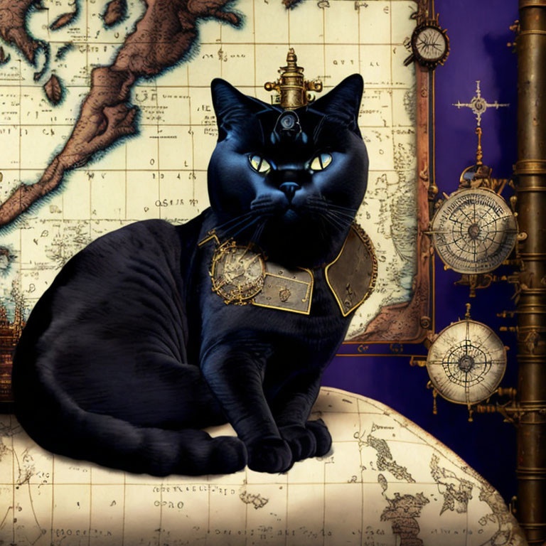 Steampunk black cat on map with golden collar and navigation tools