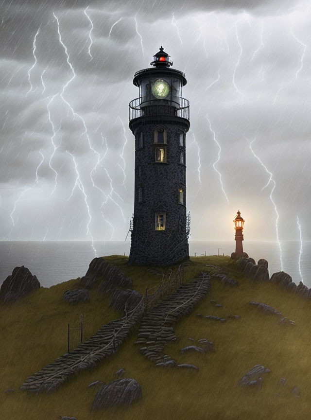 Stone lighthouse and beacon in stormy sky with lightning bolts overlooking rugged coastline