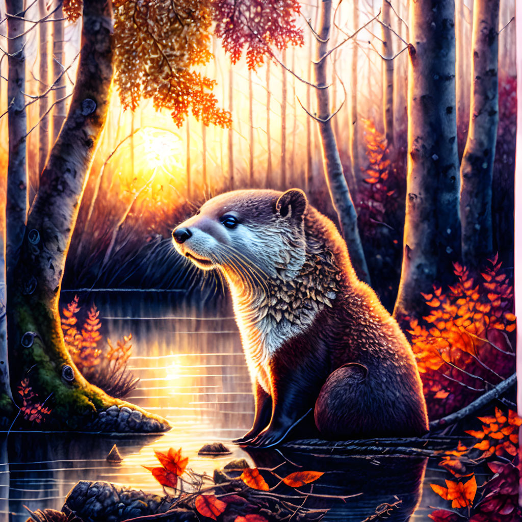 Autumn forest stream scene with serene otter and sunlight glow