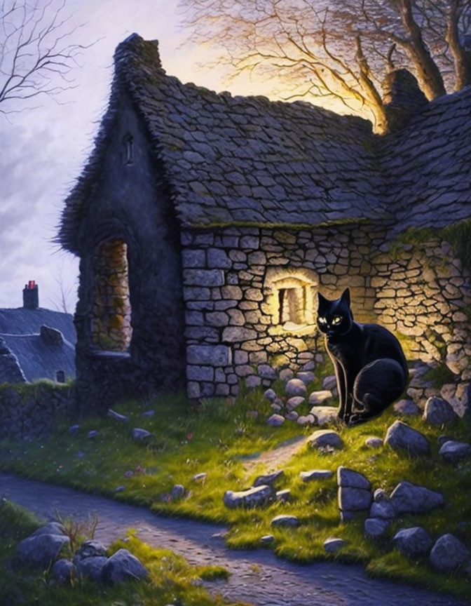 Black Cat Outside Stone Cottage in Twilight Landscape