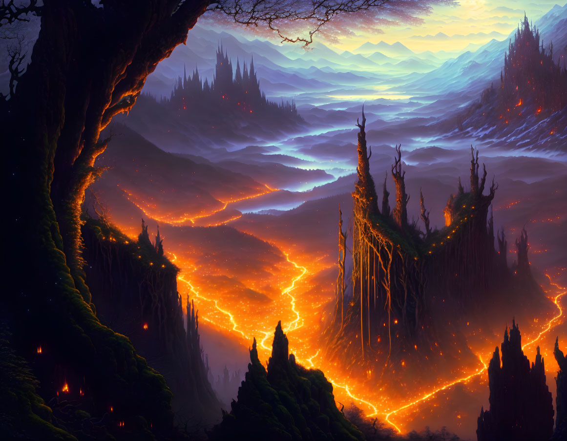 Fantastical landscape with glowing lava rivers and jagged cliffs under an orange sunset sky