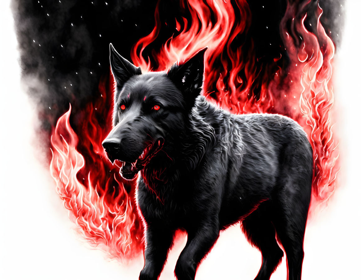 Black Dog with Glowing Red Eyes Amid Swirling Flames