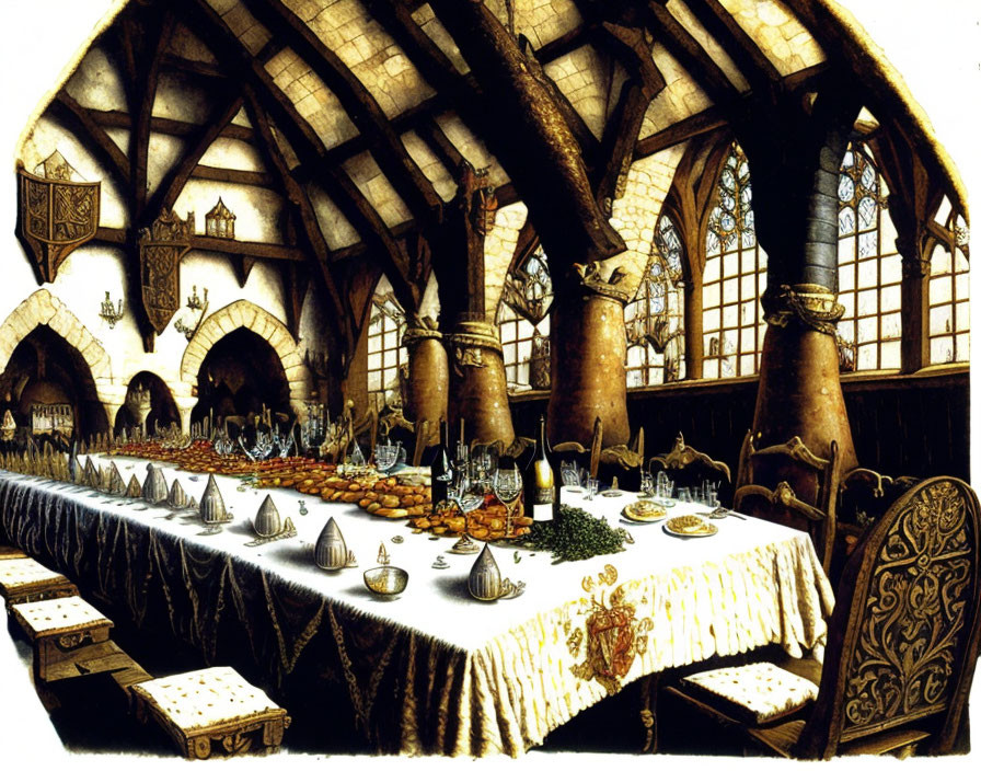 Medieval banquet hall with long table, ornate chairs, stained glass windows