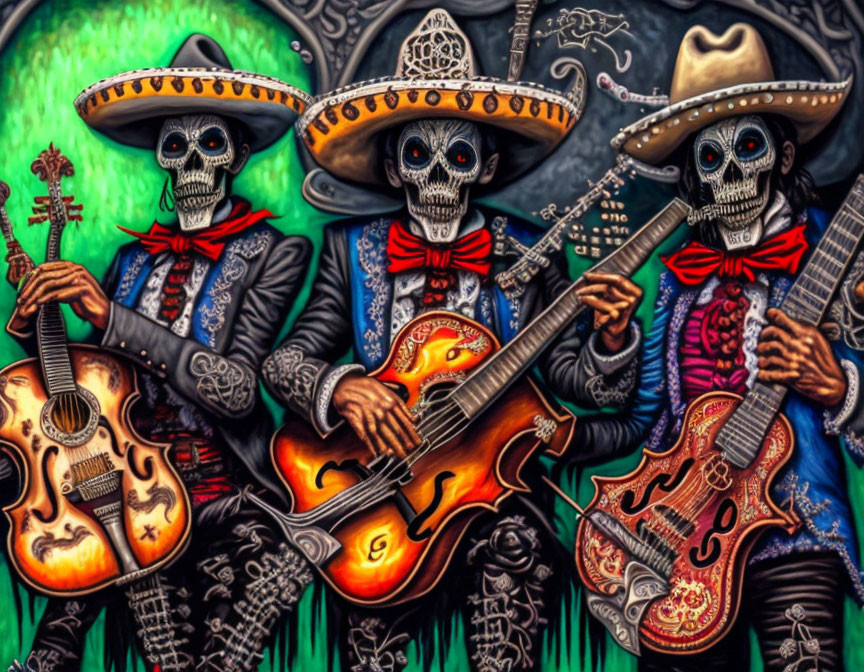 Colorful Skeleton Trio Playing Guitars on Green Background