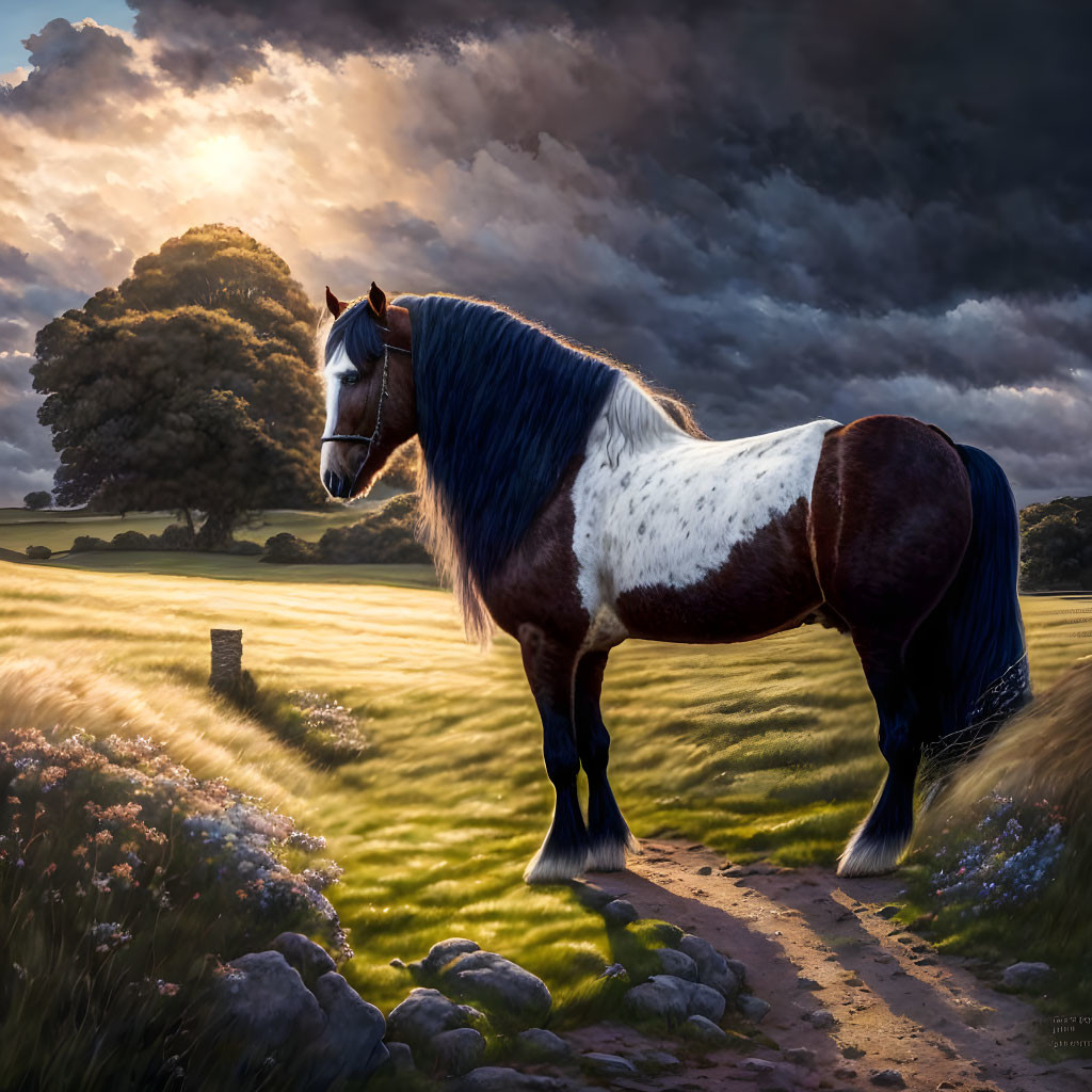 Piebald Horse on Serene Path with Dramatic Sky