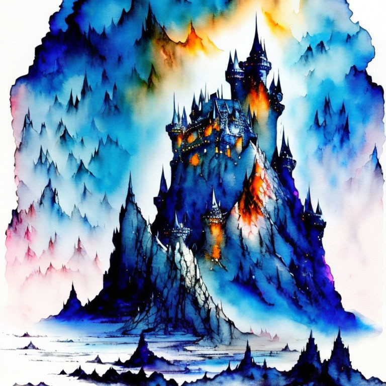 Vibrant watercolor: Enchanting castle on rugged mountain with mystical aurora.