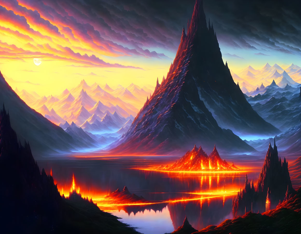 Vibrant digital artwork of surreal landscape with fiery sunset, tranquil lake, snow-capped mountains,