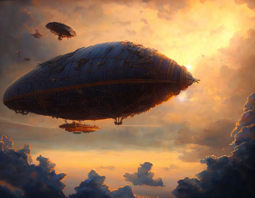 Ornate steampunk airship in golden sunset sky