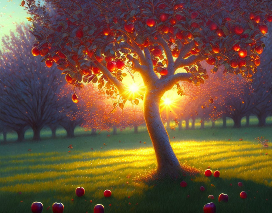 Vibrant green orchard with red apples under sunlight