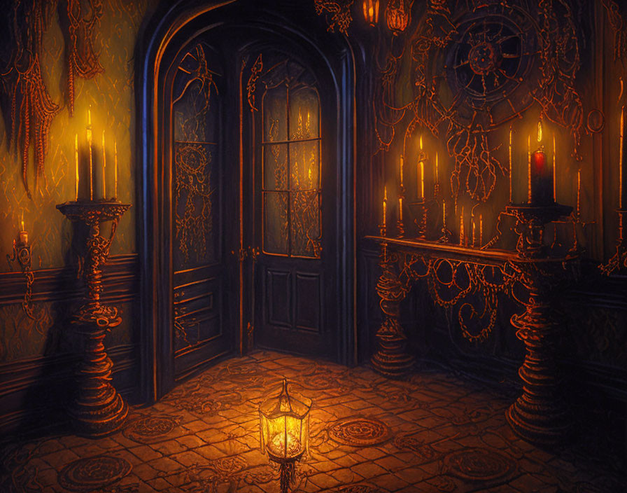 Ornate door, wall carvings, clock, lantern in dimly lit room