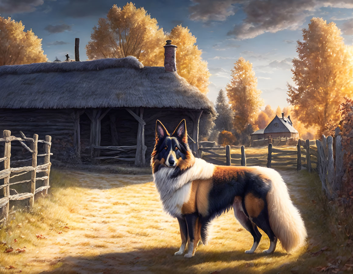 Majestic Collie Dog in Autumn Rural Setting